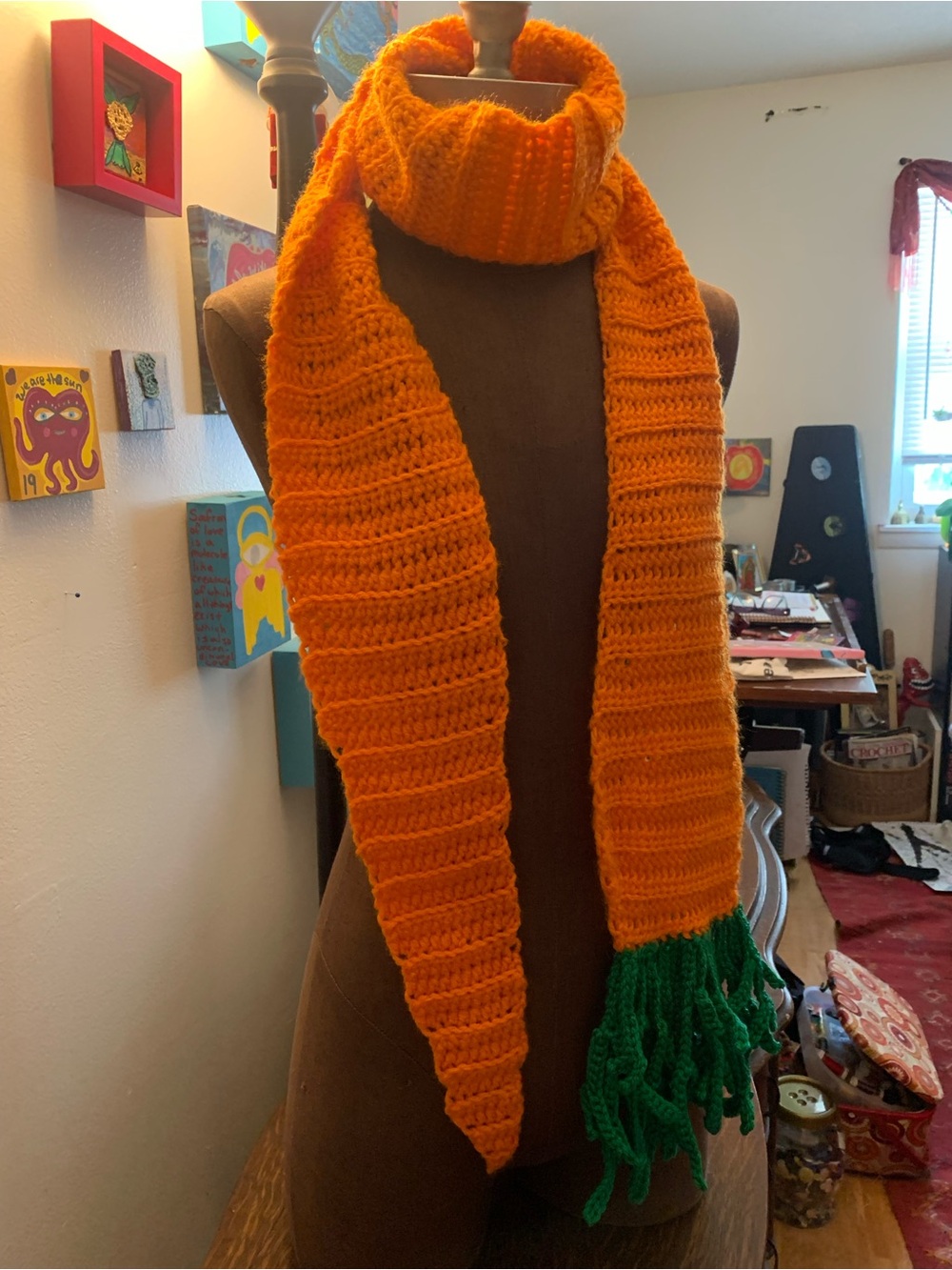 Handmade Carrot Orange Knit Scarf with Green Fringe
